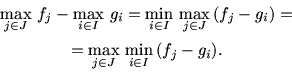 \begin{displaymath}
\begin{array}{c}
\max\limits_{j\in J}\, f_j - \max\limits_{i...
...imits_{j\in J}\, \min\limits_{i\in I}\, (f_j -g_i).
\end{array}\end{displaymath}