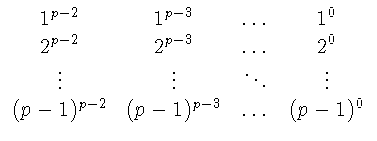 $\displaystyle \begin{array}{cccc}
1^{p-2} & 1^{p-3} & \ldots & 1^0\\
2^{p-...
...\ddots & \vdots\\
(p-1)^{p-2} & (p-1)^{p-3} & \ldots & (p-1)^0
\end{array}$