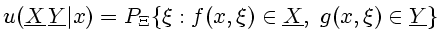 $\displaystyle u(\underline{X}\,\underline{Y}\vert x)=P_\Xi\{\xi:f(x,\xi)\in \underline{X},\ g(x,\xi)\in \underline{Y}\}$