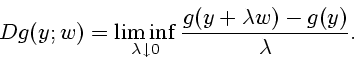 \begin{displaymath}
Dg(y;w) = \liminf_{\lambda\downarrow 0}\frac{g(y+\lambda w)-g(y)}{\lambda}.
\end{displaymath}