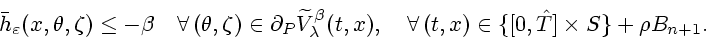 \begin{displaymath}
\bar h_\varepsilon(x,\theta ,\zeta )\leq -\beta \quad \foral...
...\quad \forall \,(t,x)\in
\{[0,\hat T]\times S\}+\rho B_{n+1}.
\end{displaymath}