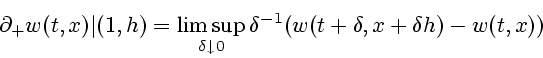 \begin{displaymath}
\partial_+ w(t,x) \vert (1,h) = \limsup_{\delta \downarrow 0} \delta^{-1}
(w( t+\delta, x+\delta h) - w(t,x))
\end{displaymath}