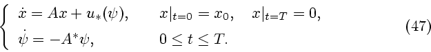 \begin{displaymath}
\left\{
\begin{array}{ll}
\dot x =Ax + u_*(\psi),\quad & x\v...
...si =-A^* \psi, & 0 \le t \le T.
\end{array}\right.
\eqno{(47)}
\end{displaymath}