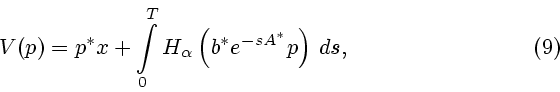 \begin{displaymath}
V(p) = p^*x + \int\limits_0^T H_{\alpha} \left( b^*e^{-sA^*}p \right) \, ds,
\eqno{(9)} \end{displaymath}