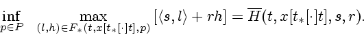 \begin{displaymath}
\inf_{p\in P}\ \ \max_{(l,h)\in F_{\ast }(t,x[t_{\ast }[\cdo...
...\rangle +rh\right]
=\overline{H}(t,x[t_{\ast }[\cdot ]t],s,r).
\end{displaymath}