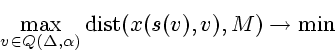 \begin{displaymath}
\max_{v\in Q(\Delta,\alpha)} \mathop{\rm dist}\nolimits (x(s(v),v),M)\to\min
\end{displaymath}