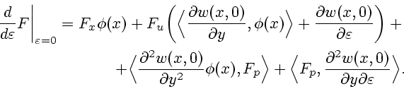 \begin{eqnarray*}
\left.{d\over d \varepsilon }F\right\vert _{ \varepsilon =0}=
...
... \partial ^2 w(x,0)\over \partial y \partial \varepsilon }\Big>.
\end{eqnarray*}