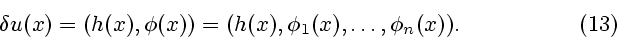 \begin{displaymath}
\delta u(x)=(h(x),\phi(x))=(h(x),\phi_1(x),\dots,\phi_n(x)). \eqno (13)
\end{displaymath}
