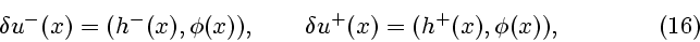 \begin{displaymath}
\delta u^-(x)=(h^-(x),\phi(x)),\qquad \delta u^+(x)=(h^+(x),\phi(x)), \eqno (16)
\end{displaymath}