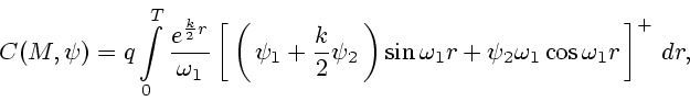 \begin{displaymath}
C(M, \psi) = q \int\limits^{T}_{0}
\frac{e^{\frac{k}{2}r}}{\...
...omega_1 r
+ \psi_2 \omega_1 \cos \omega_1 r\,\right]^{+}\, dr,
\end{displaymath}
