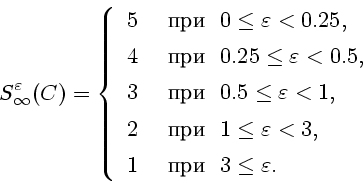 \begin{displaymath}
S_{\infty}^{\varepsilon}(C)
=\left\{ \begin{array}{rl}
5&\mb...
...3,\\ [1ex]
1&\mbox{  }\ 3\le\varepsilon.
\end{array}\right.
\end{displaymath}