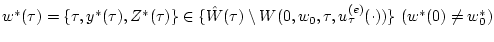 $ w^{*}(\tau)=\{\tau,y^{*}(\tau),Z^{*}(\tau)\}\in
\{{\hat W}(\tau)\setminus
W(0,w_{0},\tau,u^{(e)}_{\tau}(\cdot))\}~(w^{*}(0)\ne w^*_0) $