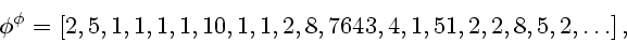\begin{displaymath}
\phi^\phi = \left[
{2,5,1,1,1,1,10,1,1,2,8,7643,4,1,51,2,2,8,5,2, \ldots } \right],
\end{displaymath}