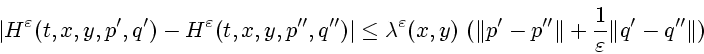 \begin{displaymath}
\vert H^\varepsilon (t,x,y,p',q') - H^\varepsilon (t,x,y,p''...
...ert p' - p''\Vert + \frac{1}{\varepsilon }\Vert q' - q''\Vert)
\end{displaymath}